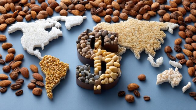 The image showcases a world map made of various grains and nuts, with a dollar sign symbolizing the economic significance of these resources. - Powered by Adobe