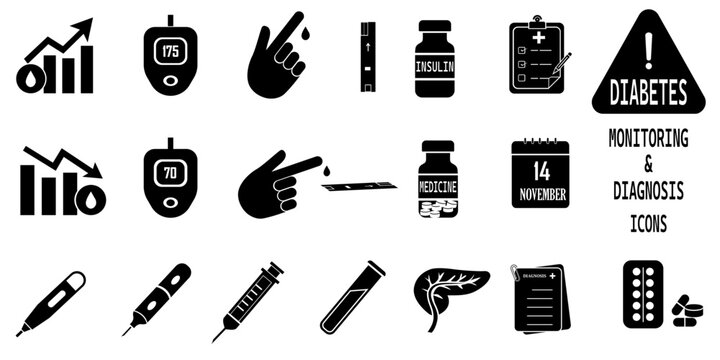 diabetes concept icons-Silhouette style. healthcare essential vector symbol of blood sugar, glucose level, patient awareness for diabetes month and world diabetes day-November 14(Isolated)
