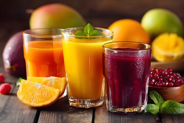 Three glasses of colorful fresh fruit juices and whole fruits on a rustic wooden table