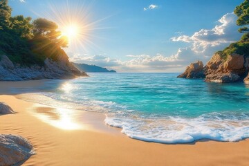 Beautiful serene beach at sunrise with golden sand, gentle waves, rocky cliffs, lush green trees under a partly cloudy blue sky