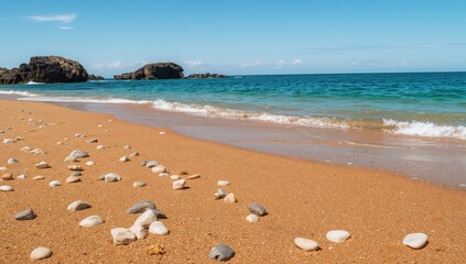 Pebbles scattered across sandy shore with ocean backdrop