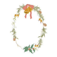 Whimsical Christmas floral wreath of pink bow, Christmas bell, berries and fir branch. Hand-drawn vintage frame isolated on white background. Illustration for design, print, fabric or background.
