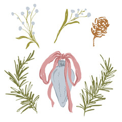 Whimsical Christmas floral set of pine cone, pink bow, Christmas tree toy and branch. Hand-drawn vintage collection isolated on white background. Illustration for design, print, fabric or background.