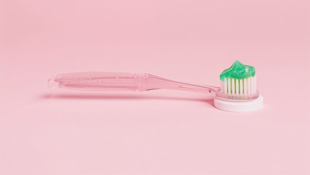 A transparent plastic toothbrush paired with green mint gel toothpaste rests on the right side against a pink backdrop, promoting oral hygiene