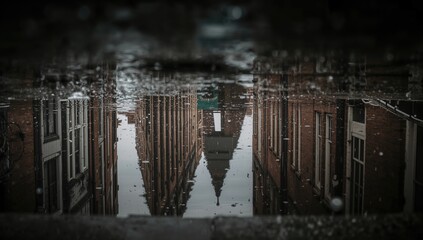 Obraz premium Rainy and chilly day in a city, Puddle on the street reflecting the architecture, seasonal change