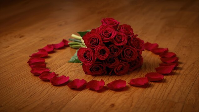 Bouquet of vibrant red roses with petals scattered on a wooden floor, ideal for romantic settings