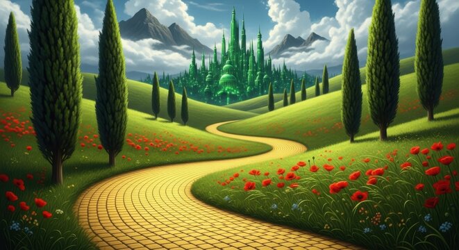 Winding yellow brick road leading through rolling green hills to a magical emerald city