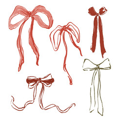 Whimsical Christmas set of red, green and pink bows. Hand-drawn gift bow isolated on white background. Holiday illustration for design, print, fabric or background.
