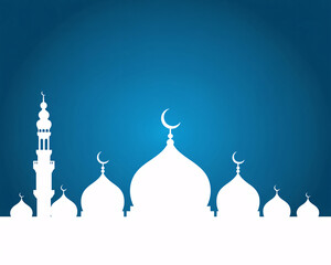 Elegant white mosque silhouette on vibrant blue background, perfect for Ramadan celebrations or Islamic design projects offering peace and cultural connection