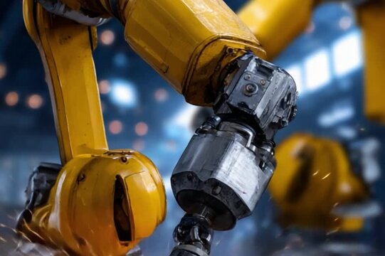 Industrial Robot's Precision: A close-up shot showcasing the intricate machinery of an industrial robot arm, embodying the essence of automation and technological advancement. 