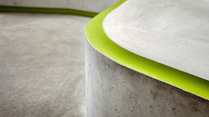 Architectural macro of curved concrete surface with bright green accent line