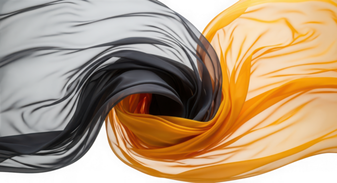 Flowing black and orange fabric creating dynamic abstract curves