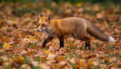 Obraz premium Vibrant Red Fox Vulpes vulpes navigating through autumn foliage, showcasing wildlife in seasonal change