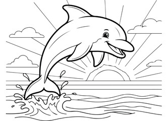 Happy cartoon dolphin jumping out of the ocean with water splashes at sunrise, a black and white coloring page for kids.
