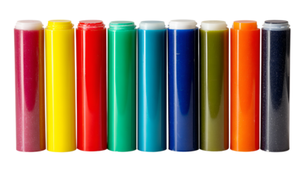 Collection of colorful plastic tubes with white caps isolated on transparent background