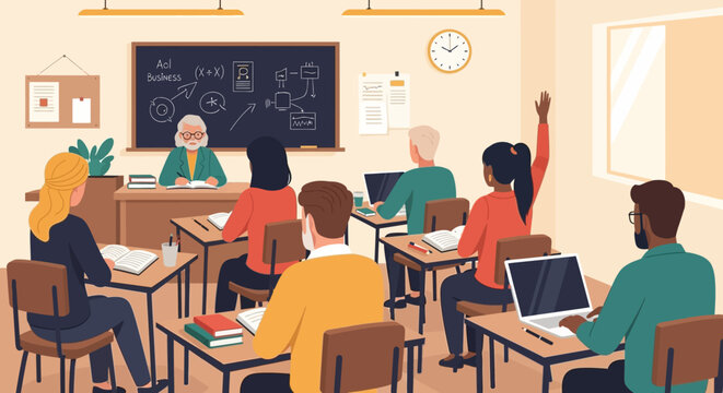 Diverse group of students paying attention to their teacher in a classroom, with one student raising their hand