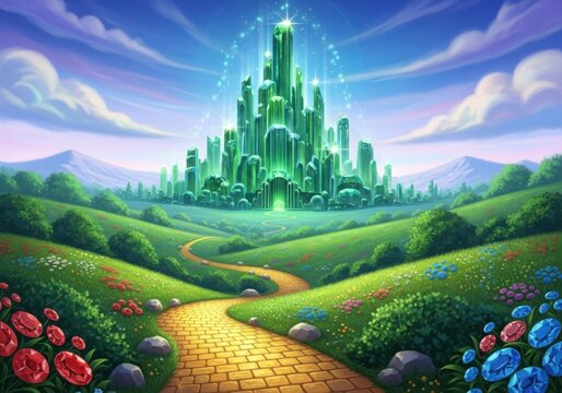 Magical emerald city with glowing towers on rolling green hills, yellow brick road winding through.