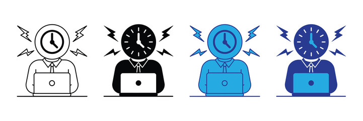 Person with clock for head working on laptop with lightning bolts symbolizing stress and time pressure, isolated on white background