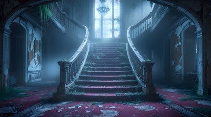 Decayed grand staircase in a sprawling abandoned mansion with intricately carved wooden banisters and faded burgundy carpet, bathed in soft ethereal light that filters through dusty stained glass wind