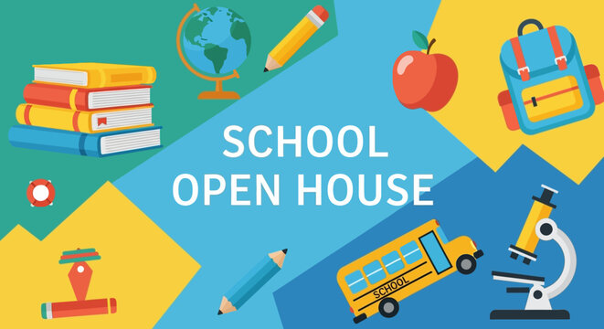 School Open House A Welcoming Event for Education & Learning with School Supplies and School Bus