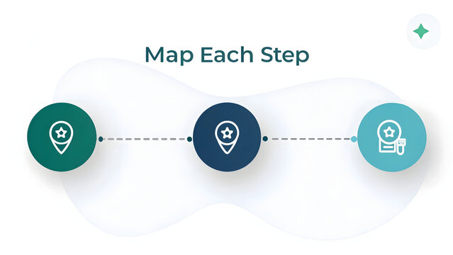 Dotted line map connecting multiple stages on white background