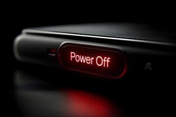 Close up of a red glowing power off button on a dark electronic device