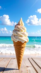 Close-up of ice cream cone with sprinkles, beach and ocean background. Sunny day