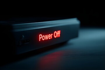 Close up of a dark electronic device with a glowing red power off indicator light