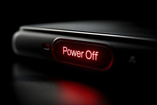 Close up of a red glowing power off button on a dark electronic device