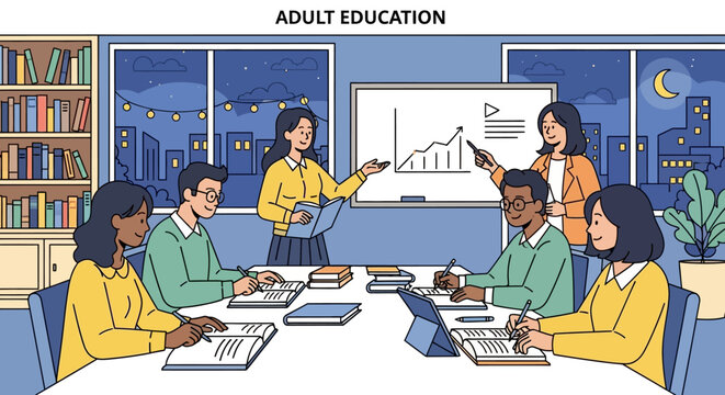 Diverse adult learners engaging in an evening educational seminar, fostering professional development and collaborative knowledge acquisition in a modern classroom setting