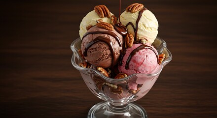 Close-up of ice cream scoops in a clear glass dish, drizzled with chocolate