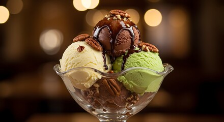 Close-up of ice cream sundae with various flavors and toppings in a glass bowl
