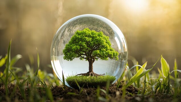 Glass globe with a tree, symbolizing growth amidst a blurred green natural backdrop, environmental awareness - Powered by Adobe