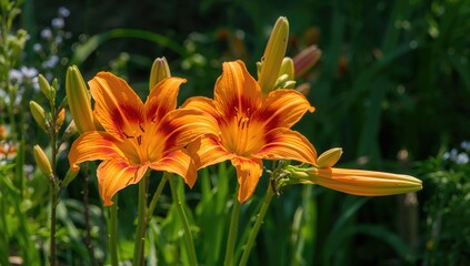 Vertical image showcasing vibrant Daylily plants with some blooms in full blossom and others just starting to open, summer warmth enhancement