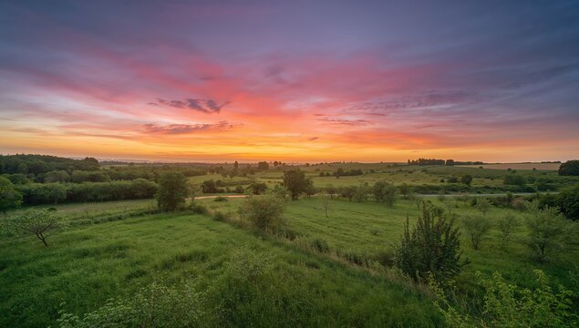 A vibrant sunset illuminating an atypical sky above expansive fields dotted with greenery and trees, seasonal change