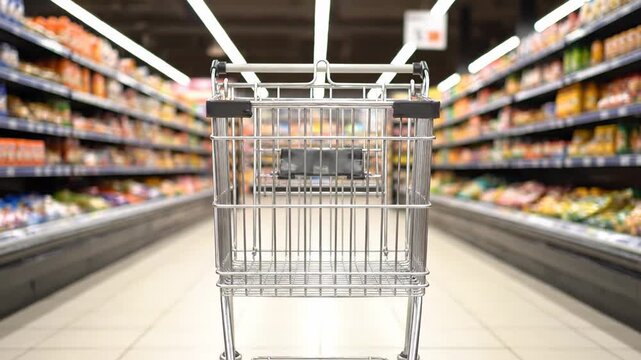 First person perspective of pushing an empty shopping cart through a grocery store aisle. The shelves are full of various products