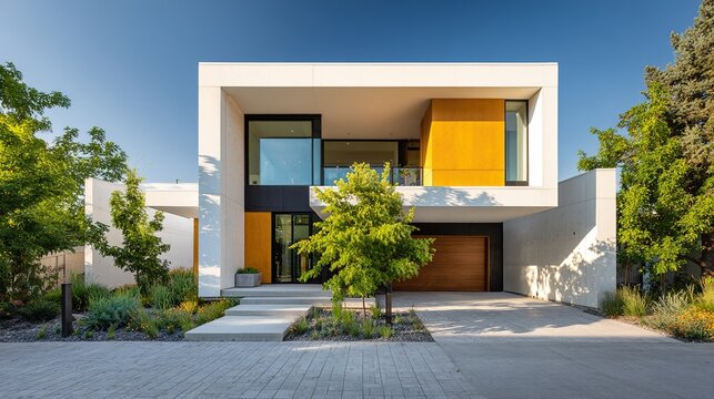 Contemporary modern two story residential house exterior with bold yellow orange accent panel large windows and wood garage door - Powered by Adobe