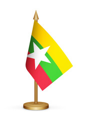 Myanmar desk flag mockup 3d illustration. Realistic table flag of Myanmar transparent png
