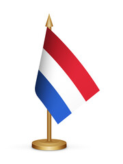 Netherlands desk flag mockup 3d illustration. Realistic table flag of Netherlands transparent png