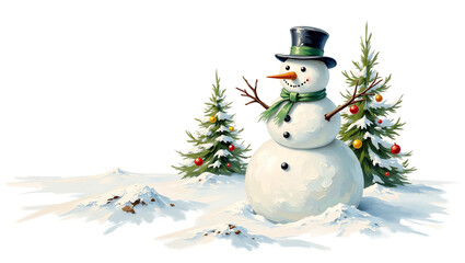 A classic Christmas card with a snowman and decorated Christmas trees in the snow, done using the impasto oil painting technique with a palette knife.