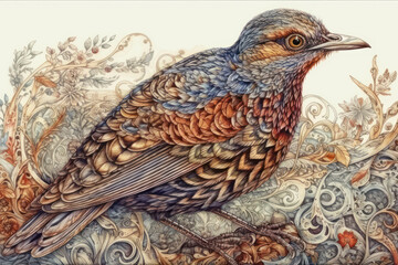 Fototapeta premium An exquisite artistic illustration of a bird, executed in the style of detailed decorative graphics. 