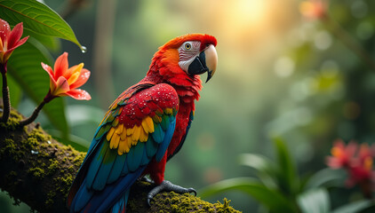 Obraz premium Striking red macaw on branch with orchids and soft light in dense vibrant rainforest