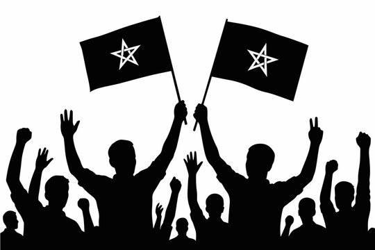 Morocco Black and White Independence Crowd Silhouette Vector, Patriotic People Clipart