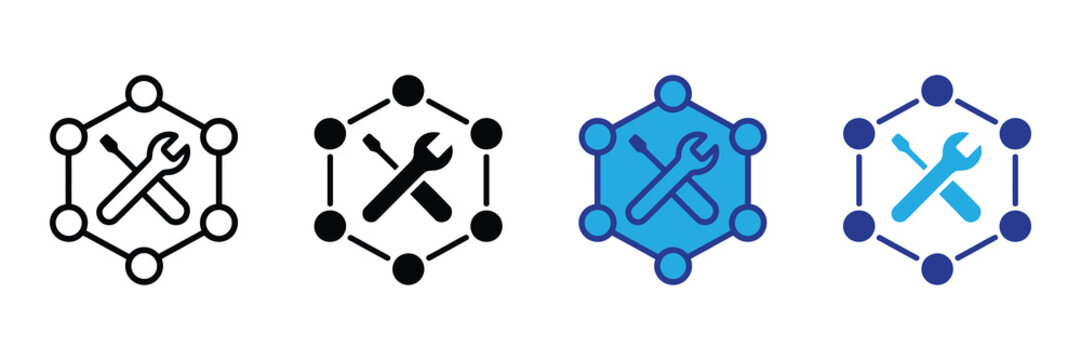 Set of four icons representing tools and network connection, isolated on white background
