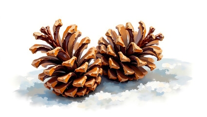 Pine cones resting on snow with a soft white background  - Impasto Oil style 