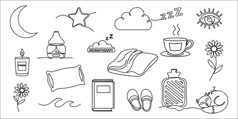 Moon, stars, cloud, candle, steaming cup, bed, sleep mask, and Z symbols. Minimalist black line drawing. Bedtime and sleep routine concept. Design for poster, banner, card, header, wallpaper. Flat lay