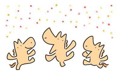 カラフルな紙吹雪と新年をお祝いする3頭の馬　2026 正月素材・手描き