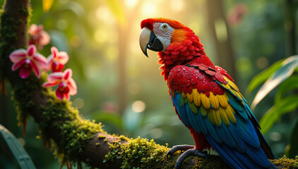 Obraz premium Colorful parrot in tropical foliage glowing in sunlight with cinematic tones and bokeh