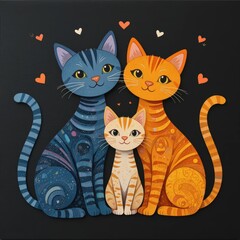 Colorful Illustration of a Family of Cats with Hearts on a Black Background