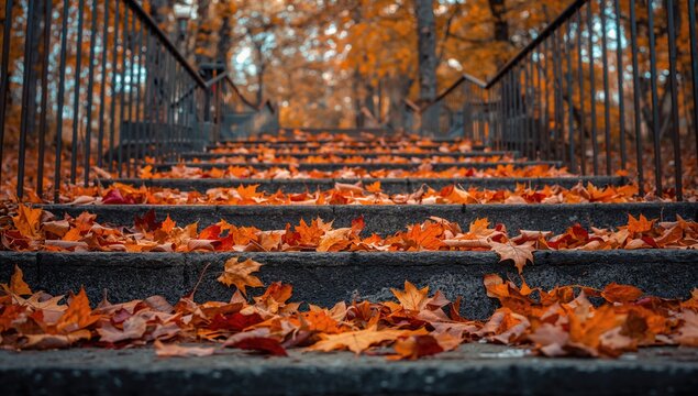 Fallen leaves scattered on park stairs during autumn, seasonal change
